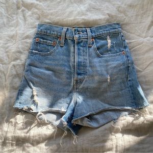 Levi’s blue denim ribcage shorts with distressing